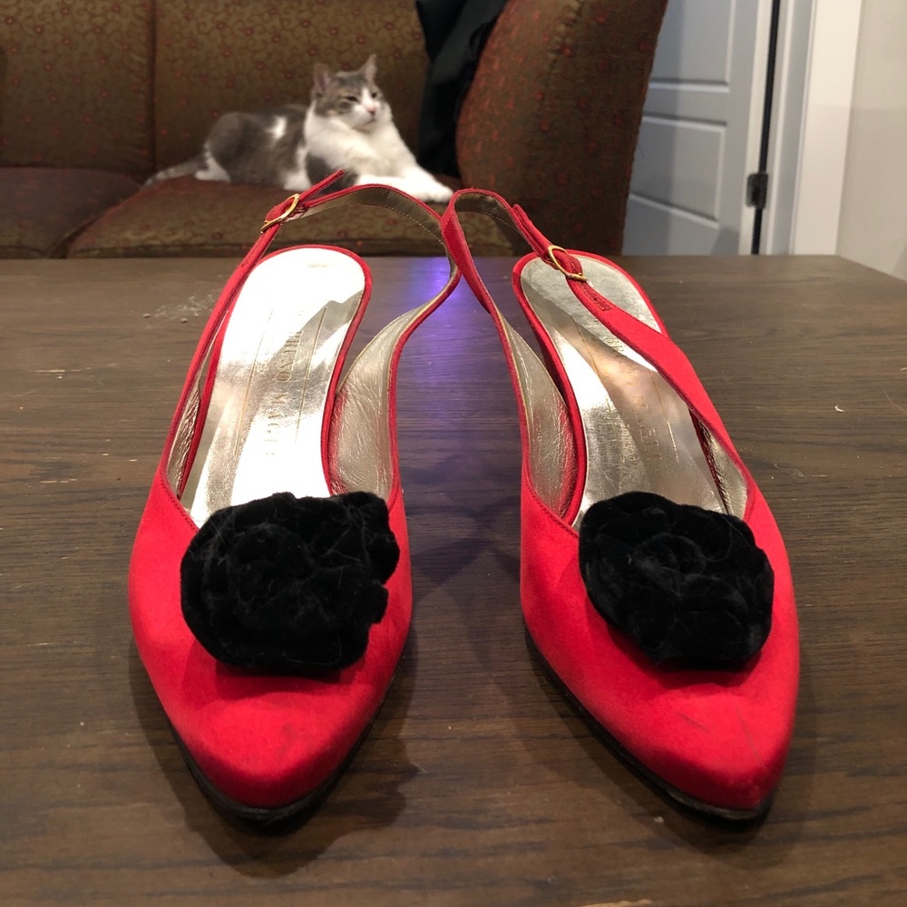 Red satin Bruno Magli heels w/velvet rose